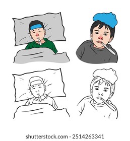 Illustration of a vector of a child who is sick with a fever