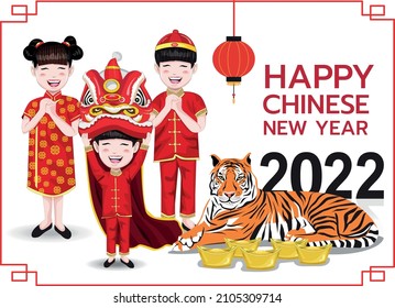 Illustration vector 
children dressed in chinese costumes with text Happy Chinese new year 2022, gold