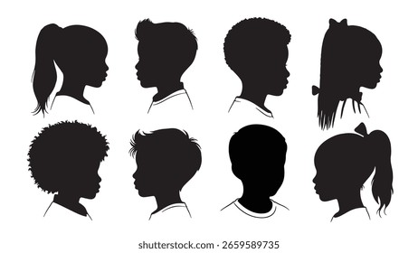 Ilustración Vector de Perfil de siluetas de niños en estilo moderno blanco y negro