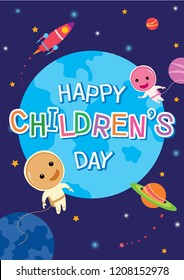 Illustration vector of Children's day design with space template design with astronauts, rocket moon and stars on galaxy background.