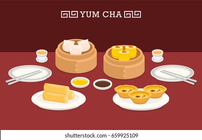 Illustration Vector Of Chinese Food Spring Roll Plate , Dim Sum, Egg Tart On Table With Tea And Plate And Chopsticks.Dinner Menu Set At Chinese Restaurant.