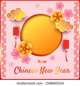 Illustration vector of Chinese New Year  Festival with moon and lantern and flowers on pink background.