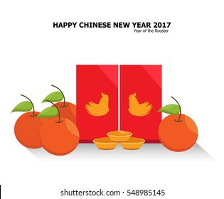 Illustration vector Chinese New Year decoration set of oranges fruit and two red envelope with China gold piece.
