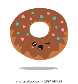 Illustration with vector chocolate donut on isolated background. Sweet pastries with smile and joy emotion. Cute donut, kawaii style cupcake. Funny food in the form of a sticker.