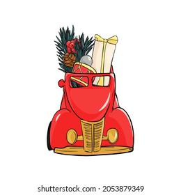 Illustration vector Christmas car with gifts isolated on white background. Christmas card, logo, template for designer