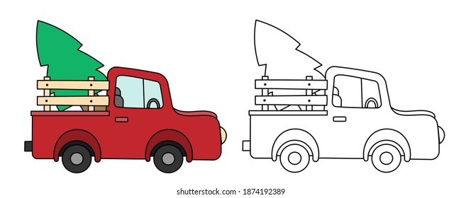 Illustration vector of Christmas farm red truck with pine tree on give gift invitation party concept