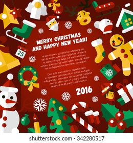 Illustration of vector  Christmas and Happy New Year flat design invitation template with icons