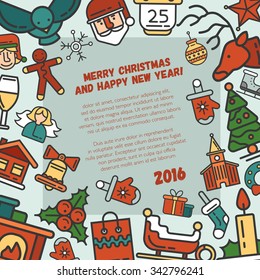 Illustration of vector  Christmas and Happy New Year flat design invitation template with icons