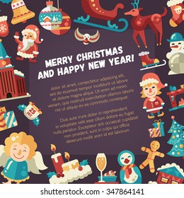 Illustration of vector  Christmas and Happy New Year flat design invitation template with icons