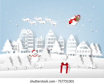 illustration vector of Christmas and New Year, illustration of Santa Claus in the sky above the city ,paper art and craft style design concept of christmas and newyear