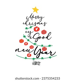 ilustración, vectorial árbol de Navidad, tarjeta de Navidad con corazones, ornamentos, estrella y texto festivo, Feliz Navidad y Año Nuevo