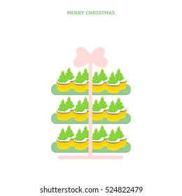 Illustration vector lot of Christmas tree cupcakes on Cakestand look like a gift box.