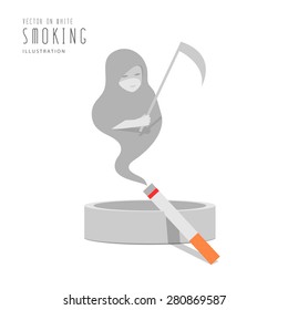 Cigarro vectorial de ilustración en el cenicero El humo es el dios de la muerte al estilo plano.