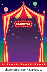 Illustration vector of circus carnival tent decorated with retro sign and balloon on night  festival background design for template.