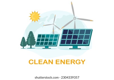 Illustration Vector Clean energies include hydropower, solar power and wind power. which is a good alternative energy.
