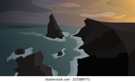 Illustration Vector of Cliffs Oceanin the Evening