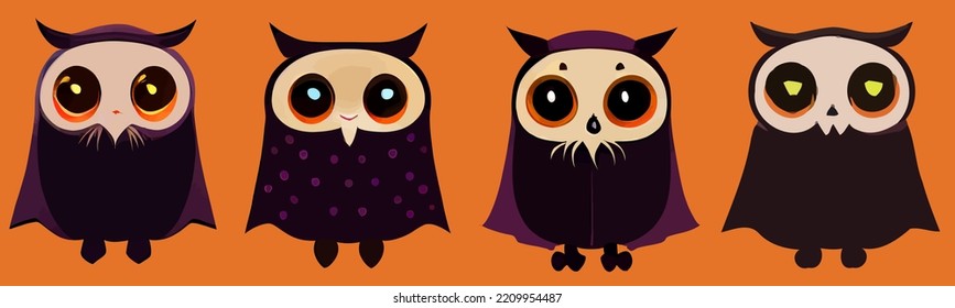 ilustración vectorial clipart set de búho usando disfraz de Halloween aislado en naranja perfecto para icono, mascota o editar su diseño personalizado o sitio web