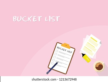 Illustration vector of clipboard with bucket list icon. Flat illustration of clipboard, documents, pen, highlighter and a cup of coffe over pastel background. With space for text