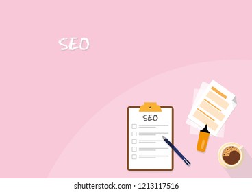 Illustration vector of clipboard with SEO icon. Flat illustration of clipboard, documents, pen, highlighter and a cup of coffe over pastel background. With space for text