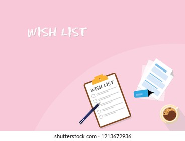 Illustration vector of clipboard with wish list icon. Flat illustration of clipboard, documents, pen, highlighter and a cup of coffe over pastel background. With space for text