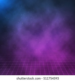 Illustration Of Vector Clouds On Night Background. 1980s Retro Neon Poster. Outer Space Background.