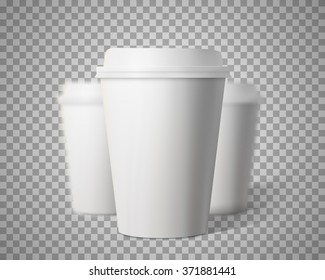 Illustration of Vector Coffee Cup Set with Blur Depth of Field Effect Isolated on Transparent PS Style Background. Photorealistic 3D Vector EPS10 Paper Coffee Cup Mockup Set