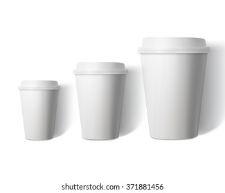 Illustration of Vector Coffee Cup Set Isolated on White Background. Photorealistic 3D Vector EPS10 Paper Coffee Cup Mockup Set