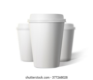 Illustration of Vector Coffee Cup Set with Blur Depth of Field Effect Isolated on White Background. Photorealistic 3D Vector EPS10 Paper Coffee Cup Mockup Set