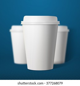 Illustration of Vector Coffee Cup Set with Blur Depth of Field Effect. Photorealistic 3D Vector EPS10 Paper Coffee Cup Mockup Set