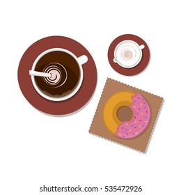 Illustration vector of coffee cup with small milk jug and pink dripping donut.