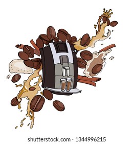 illustration vector of coffee machines and grains