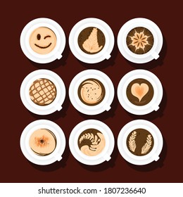 Ilustración vectorial de tiempo de café con diferentes tipos de arte tardío. 9 tipo de arte tardío. 9 arte tardío diferente del café. café por mi tiempo. día internacional del café