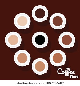 Illustration vector of coffee time with different coffee type. 9 type of coffee. 9 different color of drinking. drink for me time. coffee international day