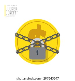 Illustration vector coin money are bound with chains and locked with a padlock flat style.