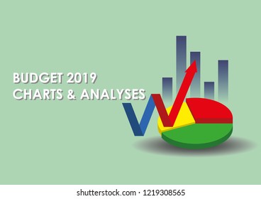 Illustration vector of colorful circle chart, graph and growing up arrow. With "Budget 2019 Charts & Analyses" text. Business and finance concept