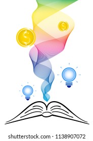illustration vector of colorful rainbow spectrum  ribbon with blue light bulb and gold coin splash from book