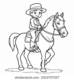 Illustration of a vector coloring book, a little boy riding a hand drawn horse