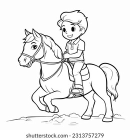 Ilustración de un libro de colorear vectores, un niño montando un caballo dibujado a mano