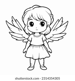 illustration of a vector coloring book with a little girl wearing wings drawn by hand