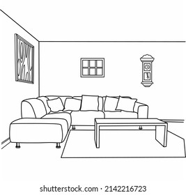 Illustrationsvektor einer Farbseite mit Inneneinrichtung, Sofa oder Wohnzimmer. Farbseite für Erwachsene oder Kinder, im Zentangle-Stil, einzeln auf weißem Hintergrund. Gut für das Farbbuch usw.