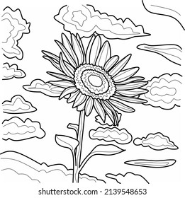 Illustration vector of a coloring page with sunflower and cloud or sky image. Coloring page for adult or children, with Zentangle style, and isolated on white background. Good for coloring book, etc.