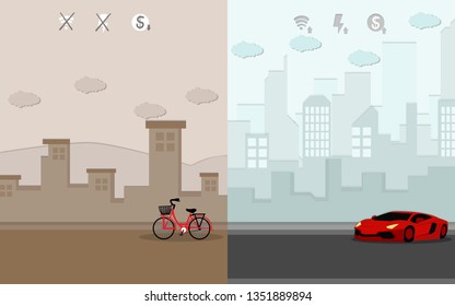 illustration vector compared  two part of 
modern  technology country and without technology  country ,for background.