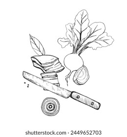Illustration. Vector composition. Lard, a piece of lard, a bay leaf, beets, peppercorns, vegetable slices, a knife. All objects are drawn in vector in black. For printing on paper, menus, recipes.