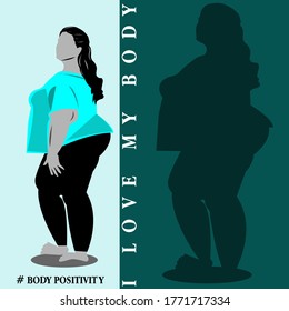 illustration vector concept of body positivity with I love my body text. icon overweight woman can be sexy.