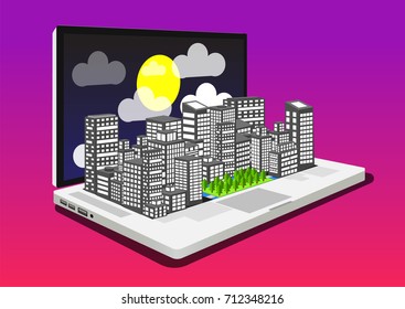 Illustration Vector Concept of  City with buildings and green zone in Laptop sunset background 