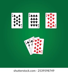 Ilustração vetor de design de conceito de três cartas de jogar onze pá doze clube e treze coração em verde ou mesa de Poker desenho em vetor colorido