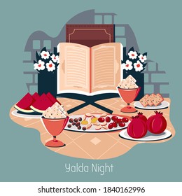 Illustration Vector Concept Happy Yalda Night Party In Iran 
