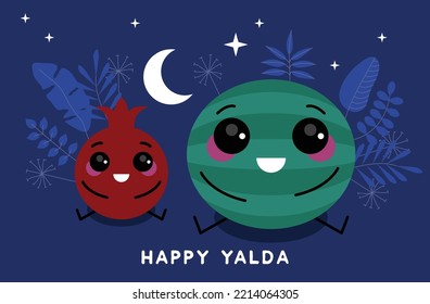 Illustration Vector Concept Happy Yalda Night Party. Happy Yalda Pomegranate Watermelon Congratulations Card The Night Ceremony