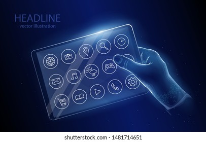 
Illustration vector concept pc, tablet with desktop icons in hand on a deep blue background, a symbol of technology, and digitalization.