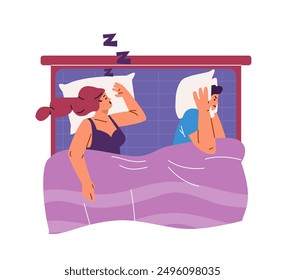 Ilustración de un concepto de Vector de una mujer roncando y un hombre despierto irritado en la cama, que representa escenas comunes de apnea del sueño sobre un fondo blanco